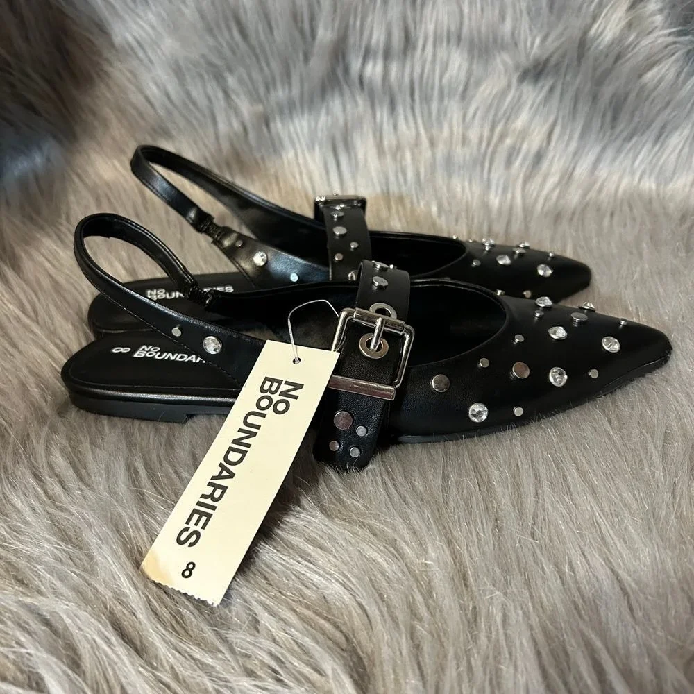 No Boundaries Studded Sling Back Flats Womens Size 8 Black Shoes Adjustable